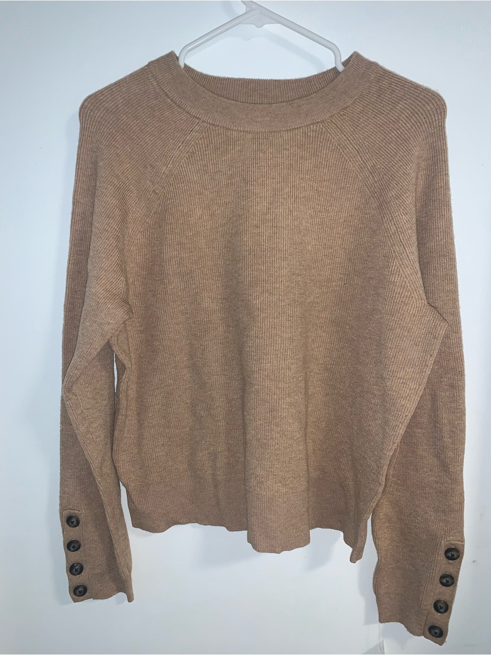 On 34th Heavy Camel Crewneck Sweater with Button Cuff Detail